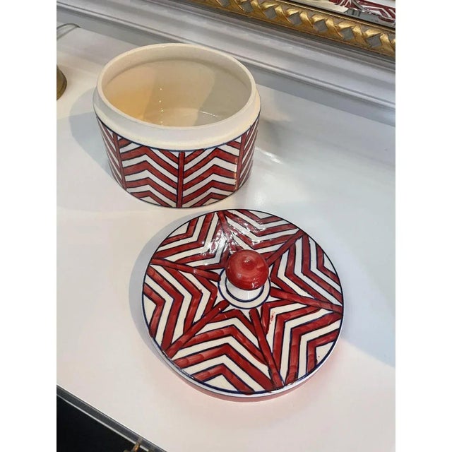 2020s Modern Decorative Red & Navy Chevron Bowl & Lid For Sale - Image 5 of 9