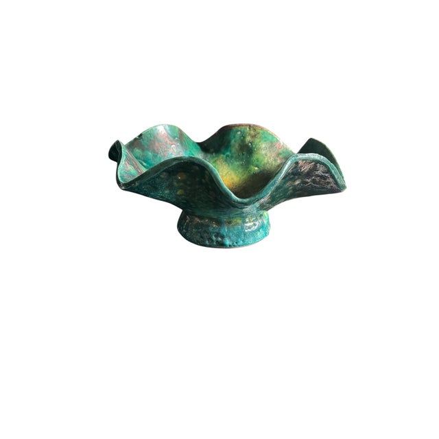 Postmodern Late 20th Century Ruffled Raku Signed Pottery Bowl For Sale - Image 3 of 18