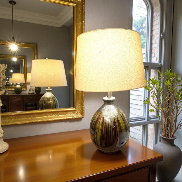 Mid-Century Modern Earth-Toned Mid Century Ceramic Drip Glaze Lamp With Cream Tapered Drum Shaped Shade For Sale - Image 3 of 12