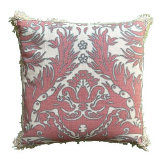 Coral Hand Printed Damask Designer Pillow For Sale