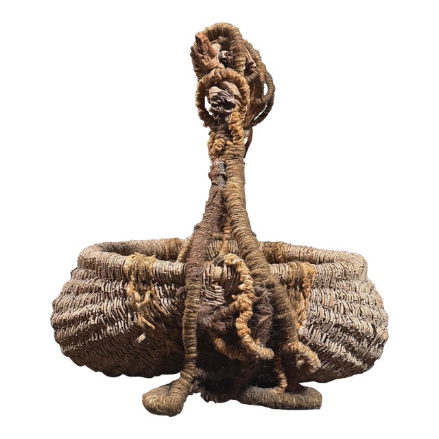 Large Vintage Surrealist Folk Art Buttocks Basket With Driftwood and Yarn Handle For Sale
