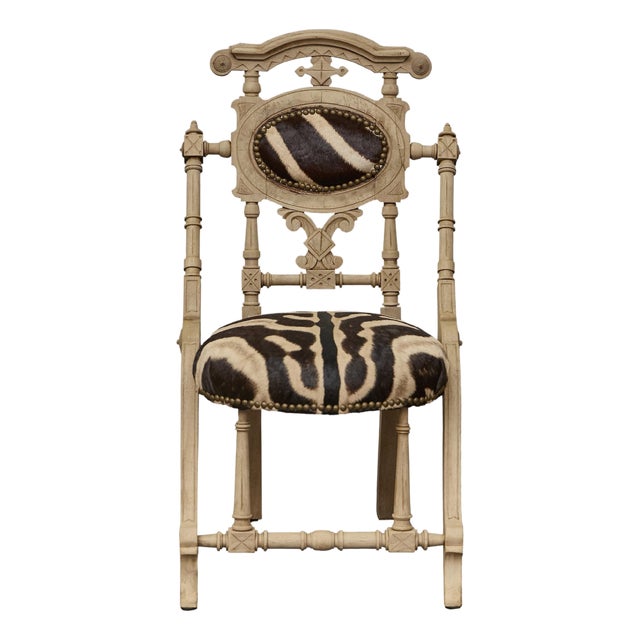 English 1880s Aesthetic Movement Carved Oak Chair with Zebra Upholstery For Sale
