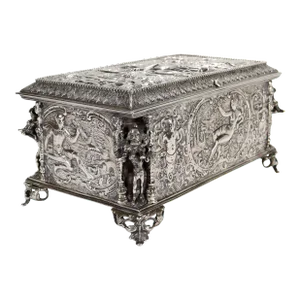 Antique German Figural Renaissance Revival Solid Silver Table Box or Casket