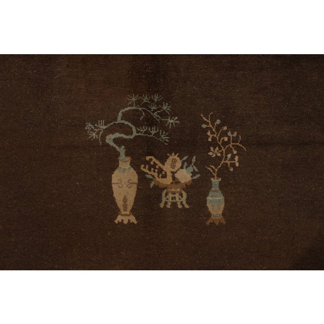 1920s Hand-Knotted Antique Peking Chinese Deco Rug in Blue, Brown Pictorial Pattern For Sale - Image 5 of 7