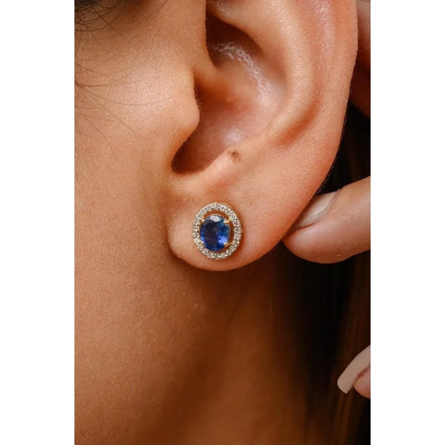 This is part of Chairish’s Fine Jewelry assortment. Genuine Blue Sapphire Halo Diamond Stud Earrings for Her for Mom in...