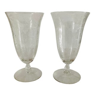 Antique Organic Vine Etched Water Glasses Delicate - a Pair For Sale