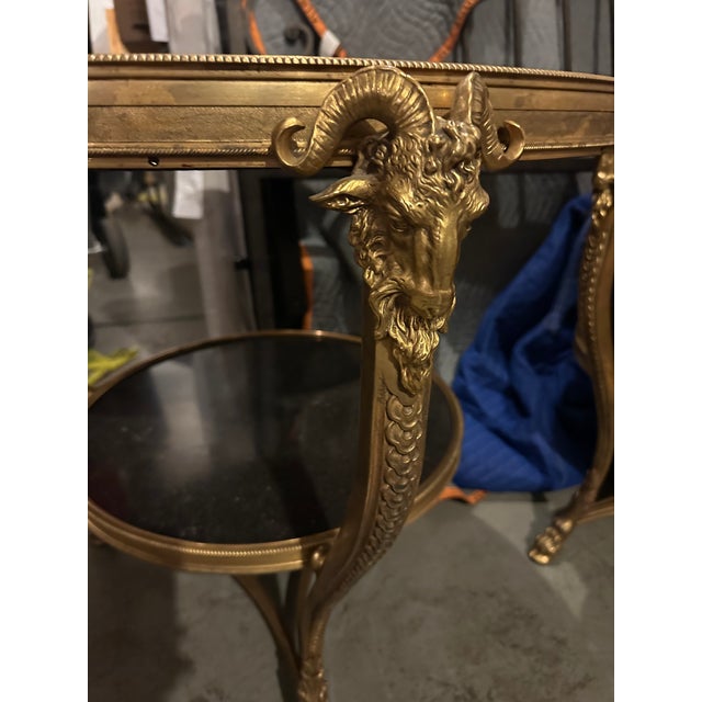 1980s Pair of French Doré Bronze Attributed to Gueridons With Rams' Heads and Belgian Marble Tops – Directoire Style For Sale - Image 11 of 12