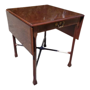 Large Federal Mahogany Single Drawer and Banded Drop Leaf With Stretcher Side Table