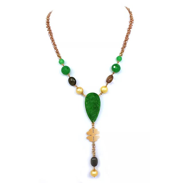 Contemporary Leaderline Jade Pearls Smoky Quartz Gems 18k Rose Gold Necklace For Sale - Image 3 of 5