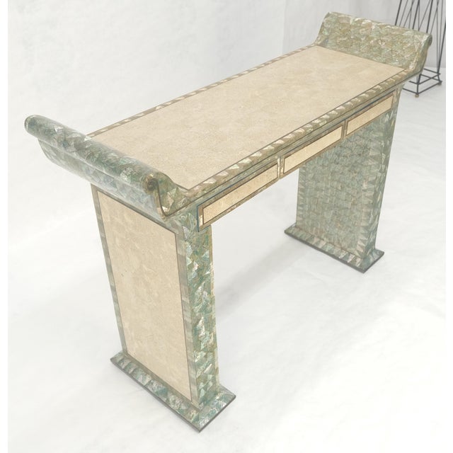 Late 20th Century Fine Tessellated Stone Tile Mother of Pearl Rolled Edges 3 Drawers Console Table For Sale - Image 5 of 16