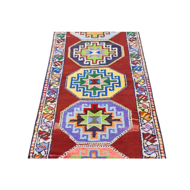 Red Vintage Turkish Hand-Knotted Wool Runner With Colorful Octagonal Medallions For Sale - Image 8 of 10