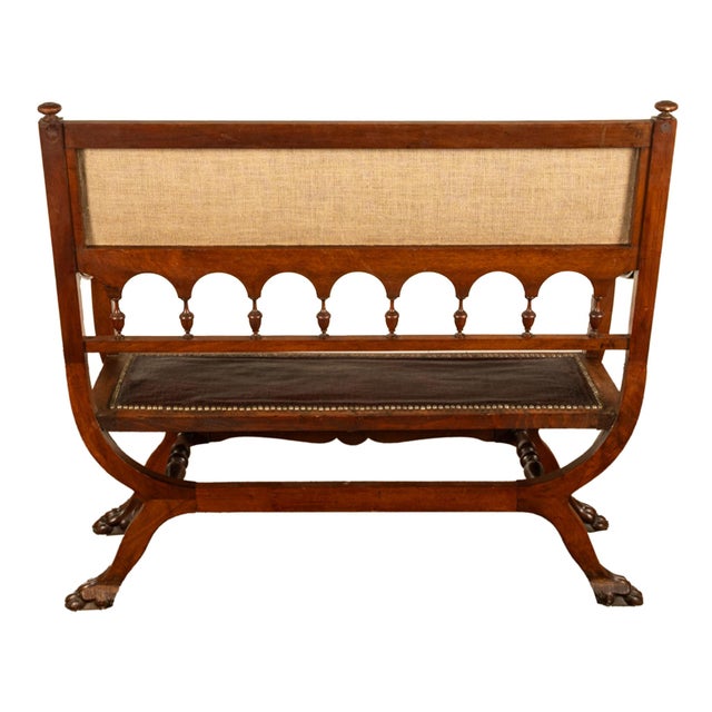 Brown Antique Renaissance Revival Carved Walnut & Leather Hall Window Bench Italy 1880 For Sale - Image 8 of 15