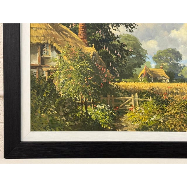 John Miller Thatched Cottages with Wild Flowers & Village Church in the English Countryside 1985 Circa For Sale - Image 6 of 18