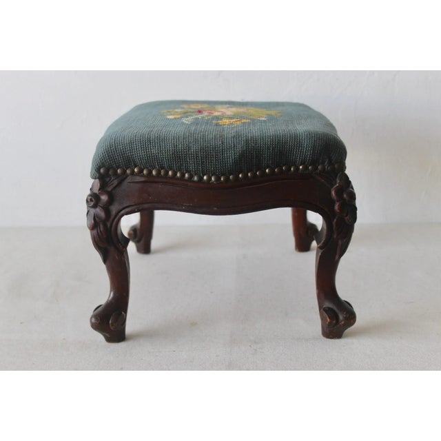 Wood Vintage French Country Louis XV Style Carved Wood Needlepoint Footstool Ottoman Nailhead Detail For Sale - Image 7 of 12