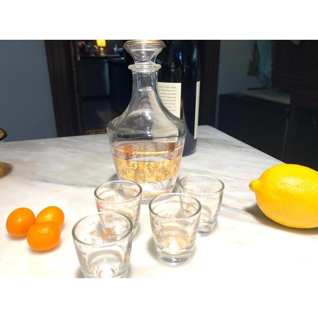 Gorgeous intimate little vintage French cocktail set includes lidded carafe and four cordial glasses all with delicate 24k...