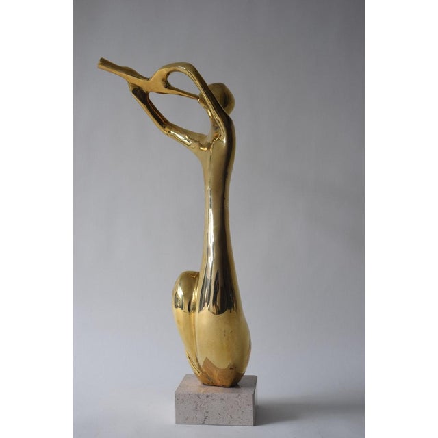 Art Deco Vintage Brass Musician Sculpture, Abstract Art Deco Style Figure, Travertine Base, 1980s For Sale - Image 3 of 10