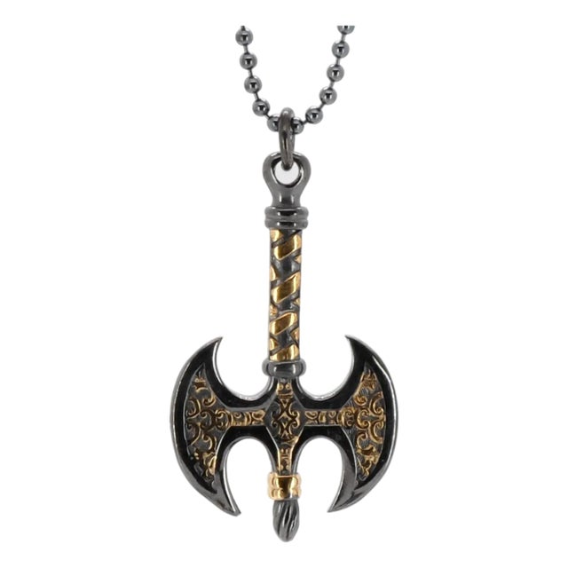 Viking Axe Men Sterling Silver & Gold Pendant Chain Necklace For Sale