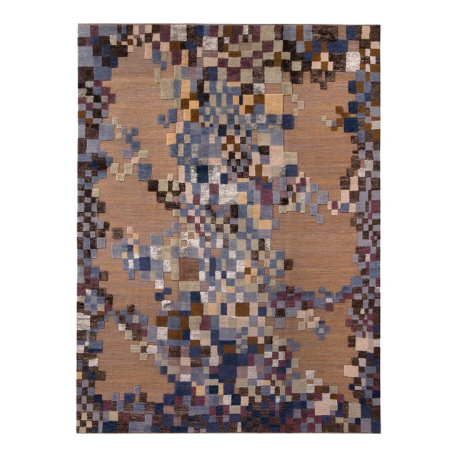 Rug & Kilim’s Scandinavian Style Geometric Beige Brown and Blue Wool Rug - 6x9 For Sale