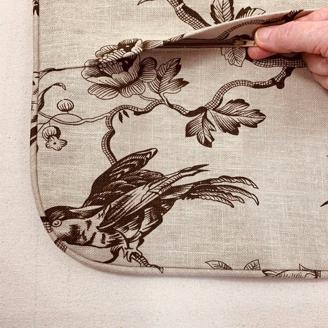 Fabricut Inc. Designer Fabricut Chocolate Brown & Tan "Amacus Bird" Botanical French Country Toile Pillow Covers- Pair For Sale - Image 4 of 6