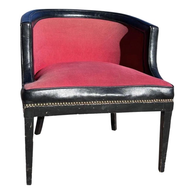 Mid-Century Red and Black Leather Wood Club Chair For Sale