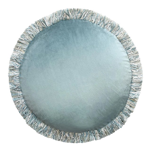 The Macaron, Fringed Velvet Circle Pillow, Teal For Sale