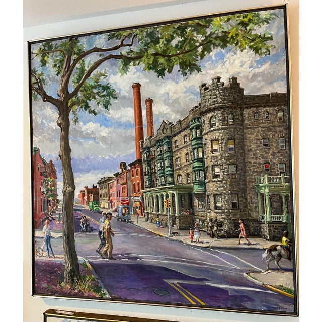 1970s Camden New Jersey Oil on Canvas Cityscape With People by William Hoffman Jr For Sale - Image 5 of 11