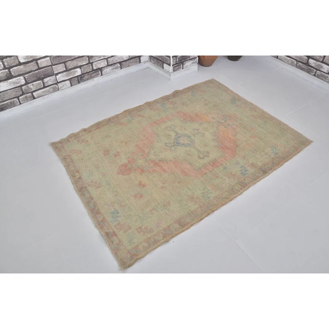 Turkish Distressed Vintage Oushak With Soft Geometric Medallion Rug For Sale - Image 3 of 10