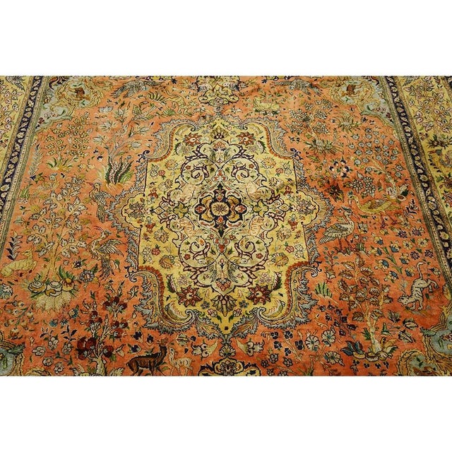 1940s Classic Salmon Animals Medallion Vintage Tabriz Silk Knotted Room Size Rug For Sale - Image 4 of 9