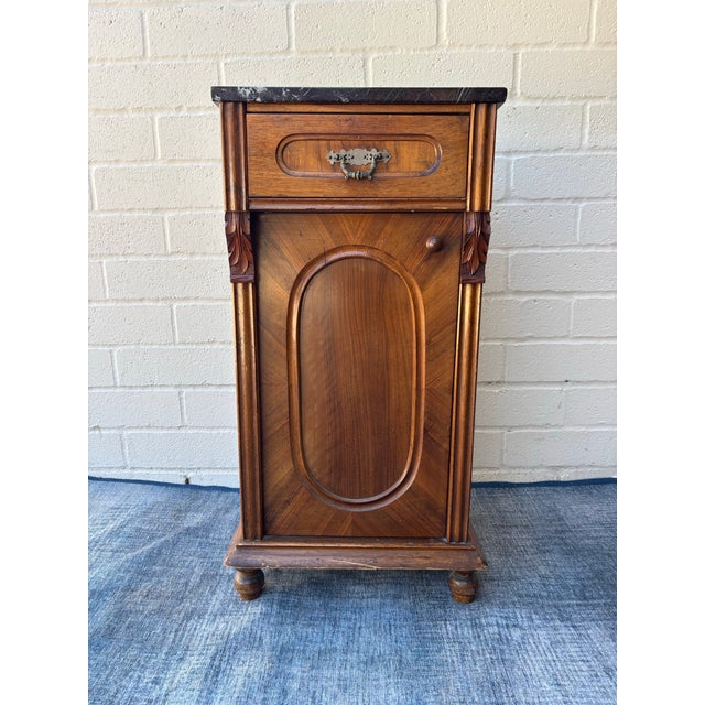Victorian Antique Walnut Nightstand / Bedside Cabinet Featuring a Dark Marble Top and a Single Drawer Above a Cabinet Door For Sale - Image 3 of 9