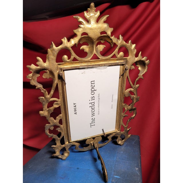 Gold Pair of Antique-Style Gilded Picture Frames • Ornate Cast Metal • Baroque Revival • 5x7 • Heavy, Free-Standing For Sale - Image 8 of 16