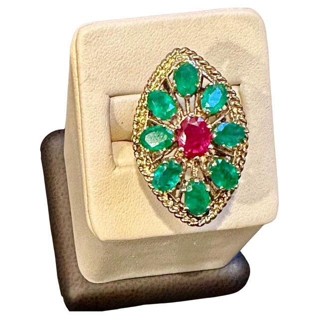 2 Ct Natural Emerald, 1 Oval Ruby Cocktail Marquise Shape Ring 14 Kt Yellow Gold For Sale - Image 15 of 18