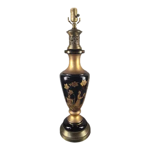 Late 20th Century Hollywood Regency Chinoiserie Painted Gilded Black Glass Banquet Table Lamp