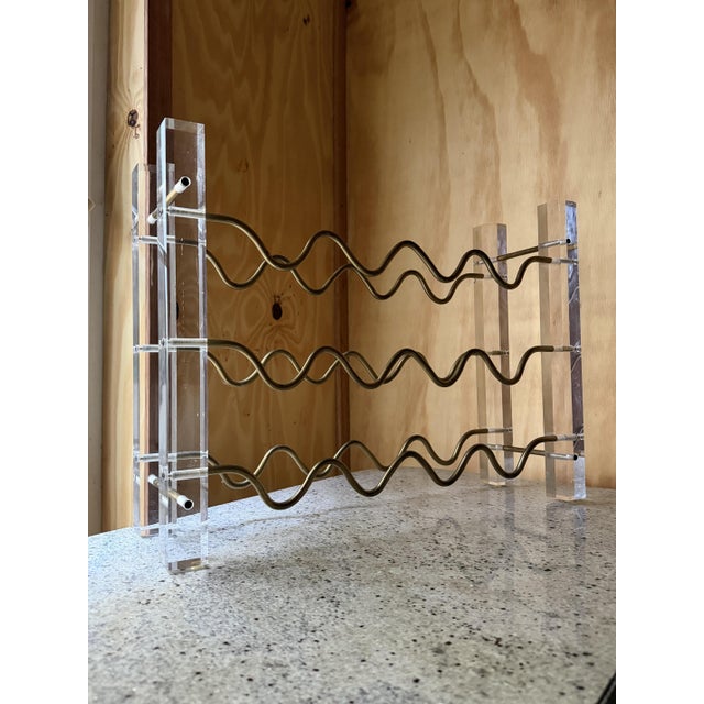 Hollywood Regency Acryllic Glass and Brass Sinuous Wave Wine Rack, 1970s For Sale - Image 12 of 16