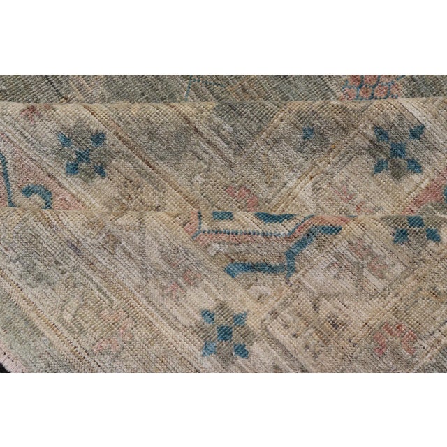 Large Modern Tribal Khotan Rug in Shades of Cream Green Blue and Coral For Sale - Image 11 of 12