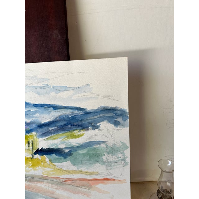 Green Vintage Landscape Watercolor Painting of Trees and Mountains For Sale - Image 8 of 10