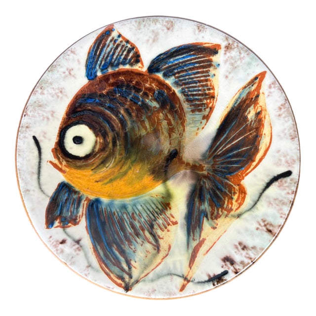 Mid-Century Spanish Studio Pottery Wall Plate with Fish Design from Puigdemont, 1960s For Sale