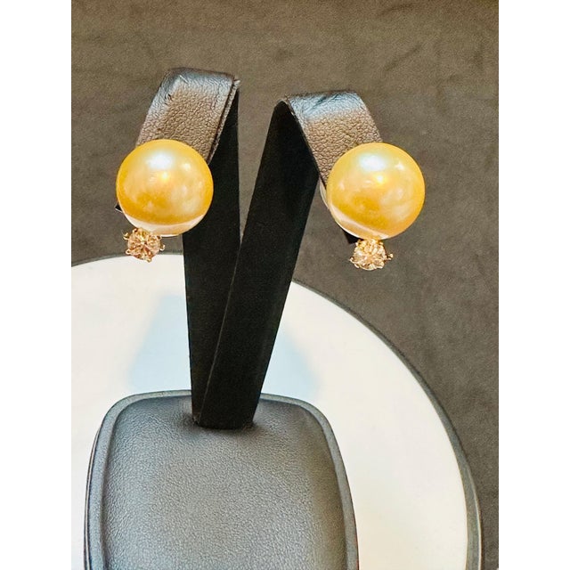 2000 - 2009 15 mm Round Golden South Sea Pearl & 1 Ct Diamond Cocktail Stud Earrings 14 KG For Sale - Image 5 of 18