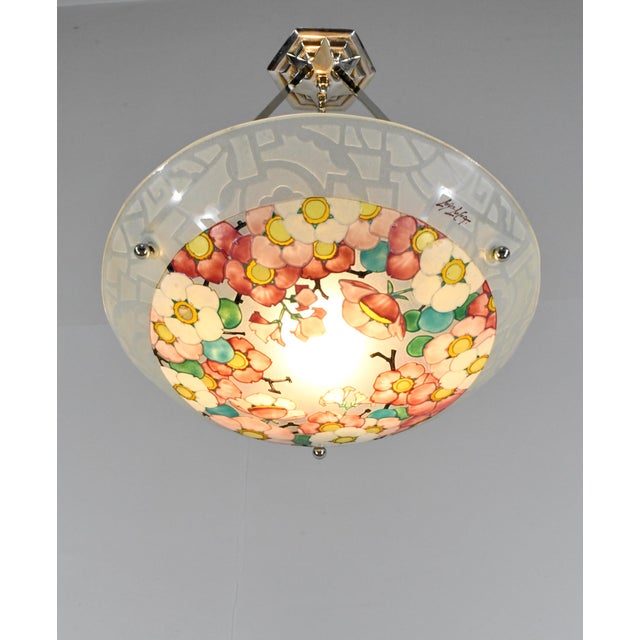 Art Deco French Art Deco Pendant Light by Loys Lucha 1930s - Pink Enameled Floral Bowl For Sale - Image 3 of 13