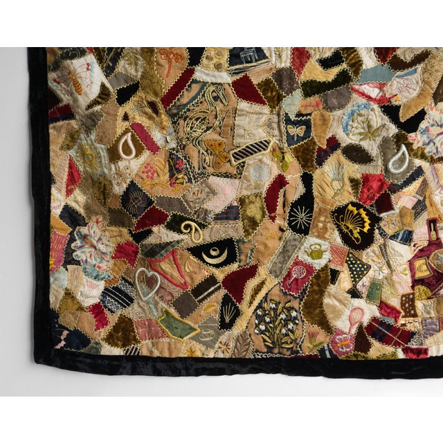 Antique Victorian Crazy Quilt, Hand Embroidered Silk and Velvet Patchwork Quilt, 19th Century For Sale - Image 6 of 18