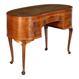 19th Century Antique Walnut and Satinwood Leather Top Kidney-Shaped Writing Desk