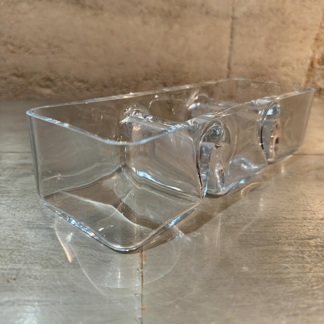 Modern 1980s Krosno Poland 3-Part Divided Clear Glass Relish Dish Heavy Hand-Blown Art Glass For Sale - Image 3 of 7