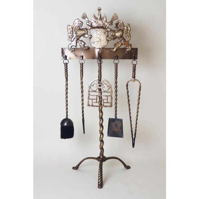 Historicist English Brass Fireplace Tools with Striding Lions, 1950s, Set of 6 For Sale - Image 4 of 13