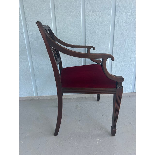 Wood c.1900 Hepplewhite Style Mahogany Armchair With Red Velvet Seat – Lattice Back Accent Chai For Sale - Image 7 of 12