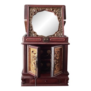 Antique Chinese Wooden Vanity Box W/ Mirror and 3 Drawers, 10 1/4" T X 9 3/8" W For Sale