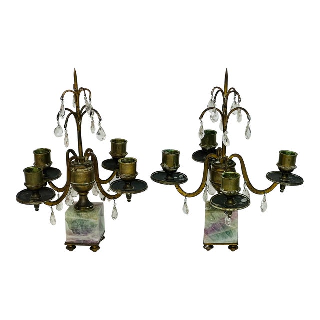 Antique French Brass Amethyst Grandiole Candle Holders a Pair For Sale