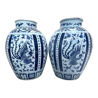 Large Blue & White Chinese Dragon & Phoenix Porcelain Floor Vases - Pair For Sale