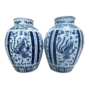 Large Blue & White Chinese Dragon & Phoenix Porcelain Floor Vases - Pair