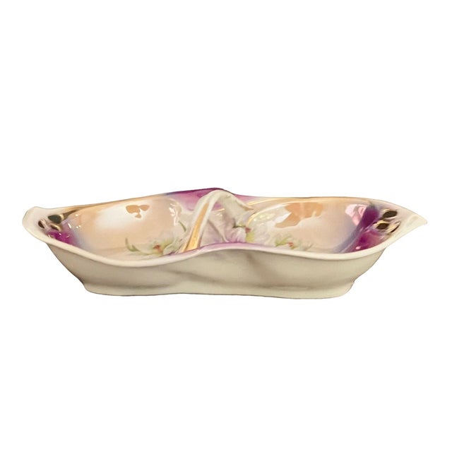 Antique Celery Dish With Handle by Ipf Germany Porcelain – Lusterware Floral Candy Nut Dish – Purple & Gold , 8 1/4” For Sale In Miami - Image 6 of 10