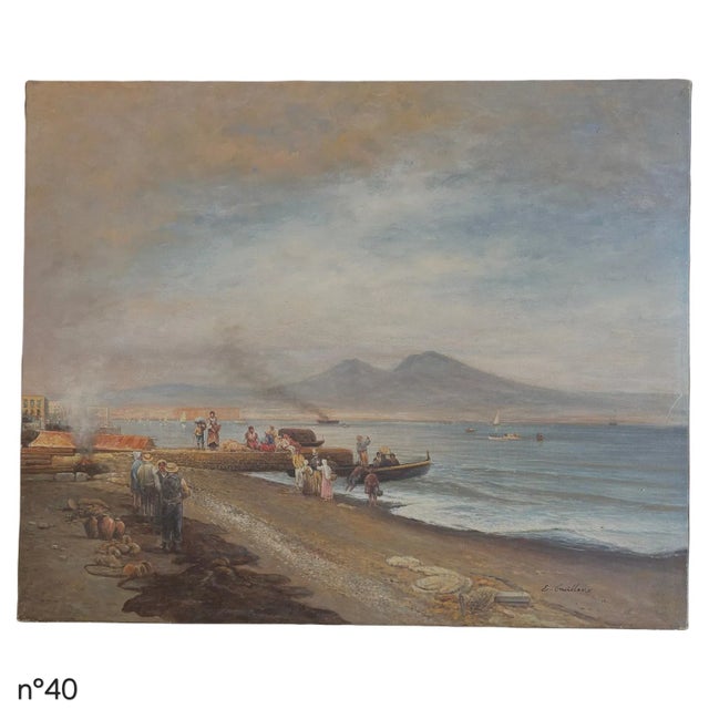 Signed oil on canvas by E. Guillenx, circa late 20th century, depicting a coastal scene with figures gathered along the...