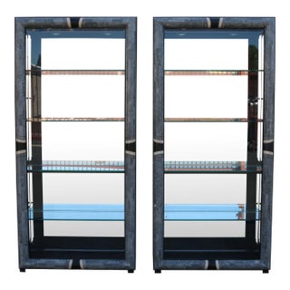 Pair of Late 20th Century Art Deco Revival Fossil Stone & Glass Lighted Display Cabinets by Pulaski For Sale